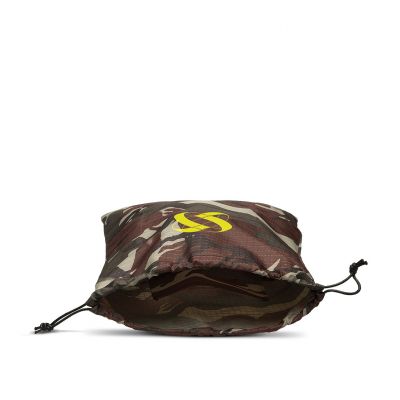 Camouflage nylon swimwear/shoe bag with drawstrings sliding from 2 sides + pocket
